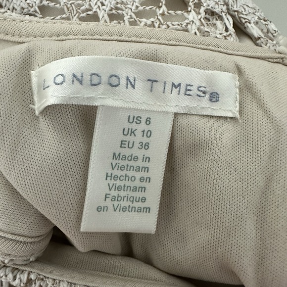London Times Women Dress 6 Beige Crochet Lace Sheer Lined Maxi Boho Beach Hippie - Picture 12 of 13